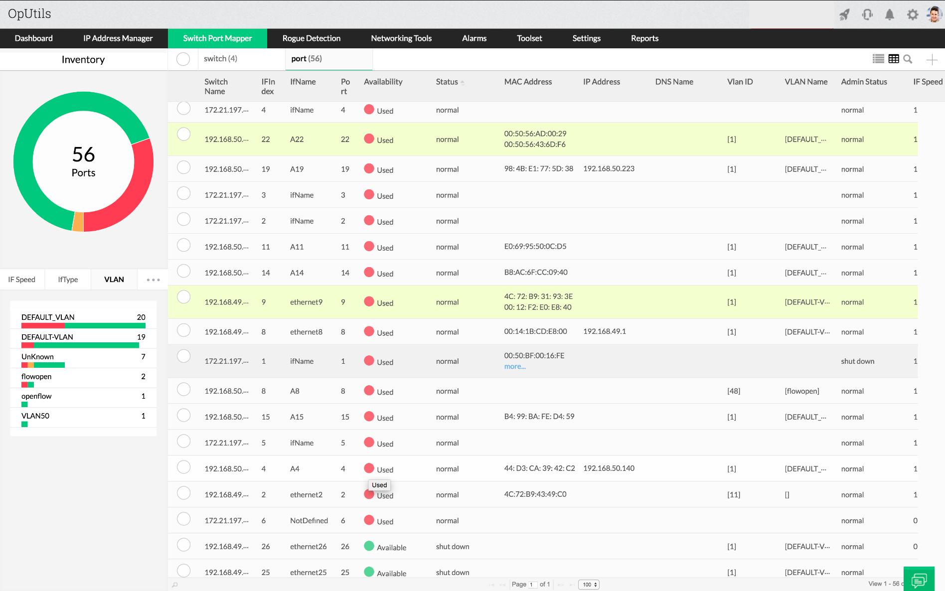 ManageEngine OpUtils - Switch Port Mapper view