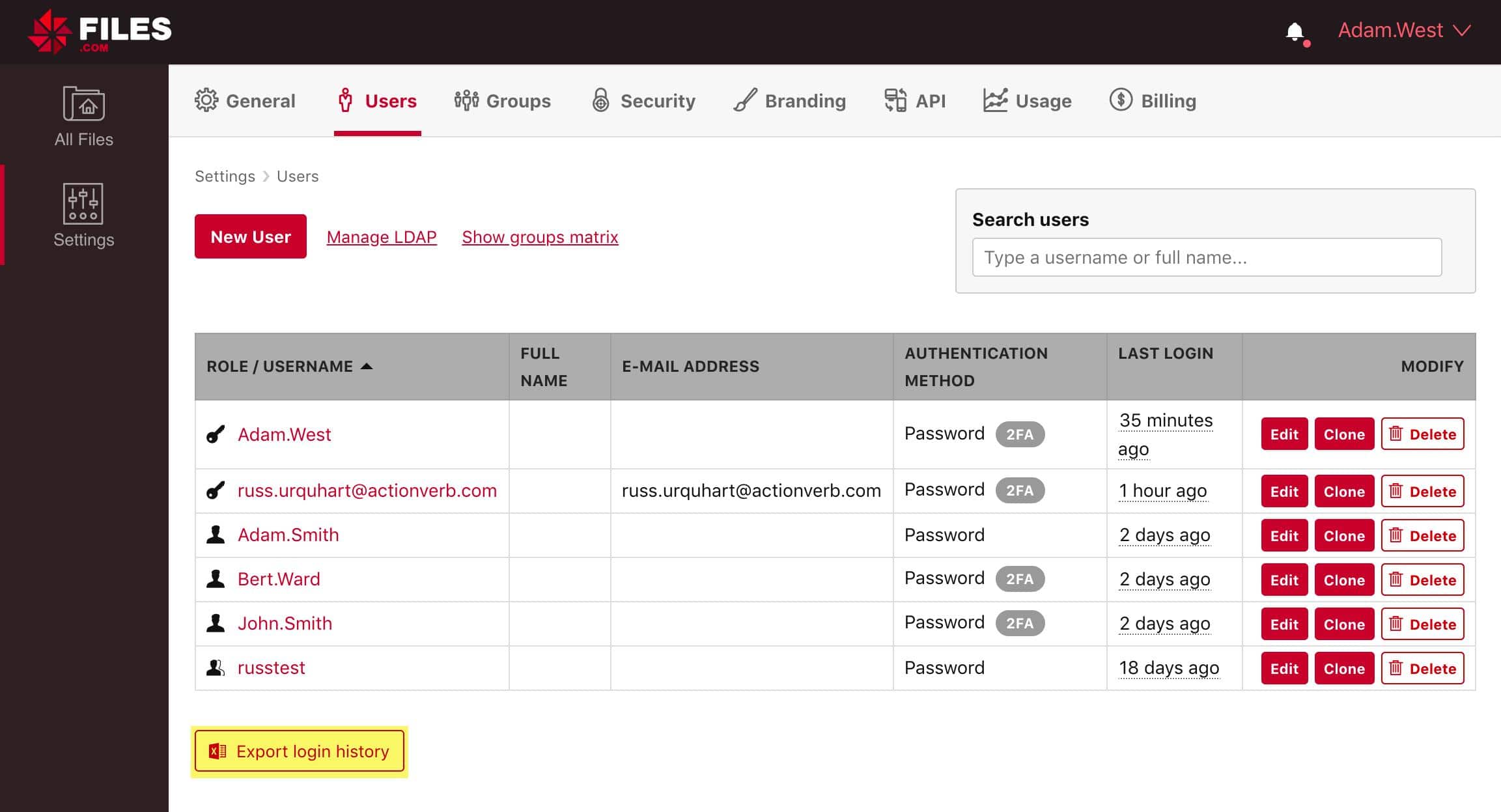 Files.com Dashboard User Settings