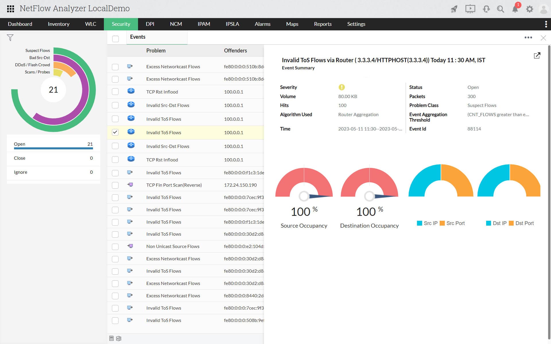 NetFlow Analyzer Security Events View With DDoS Category And Problem Class