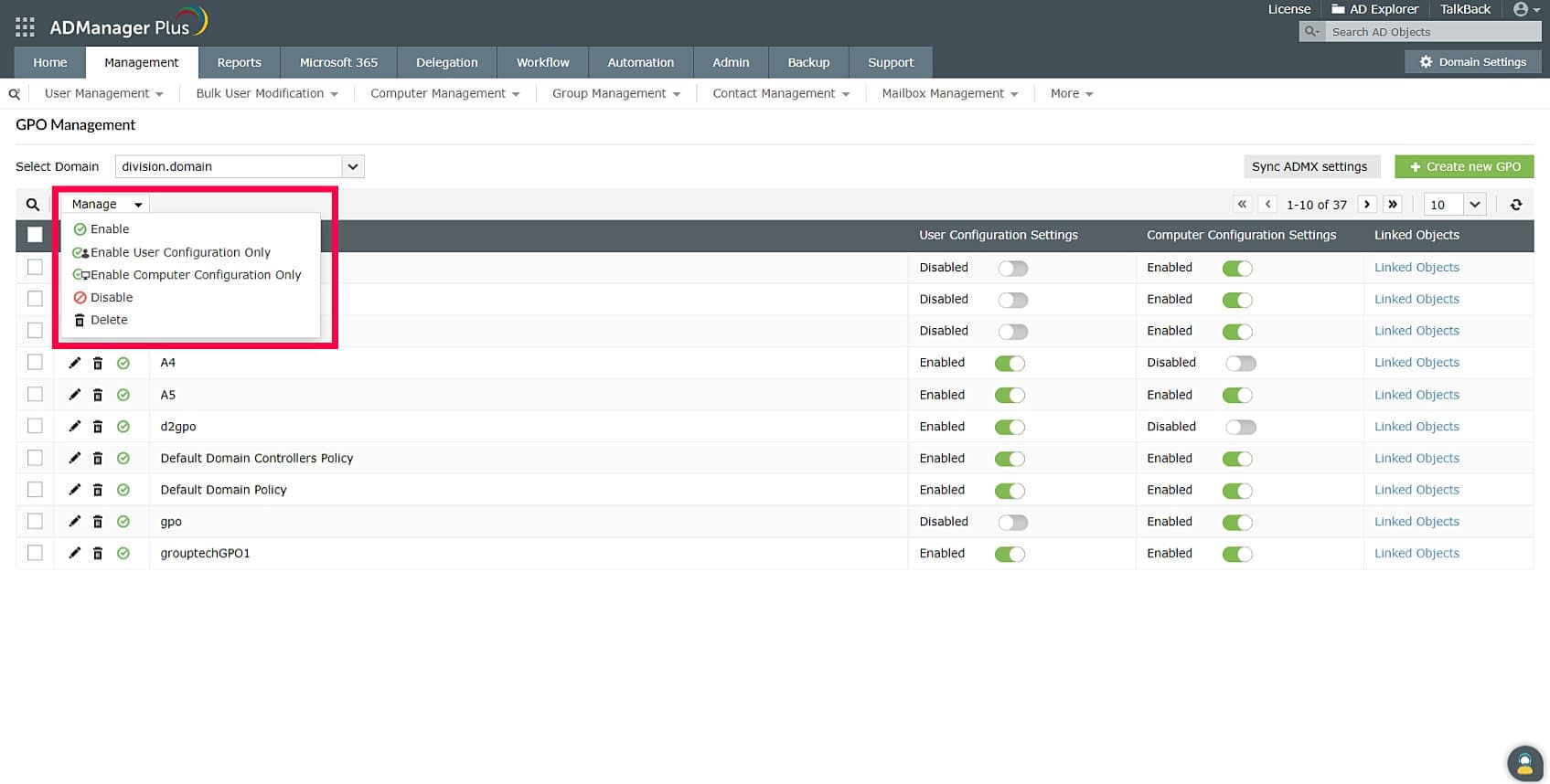ADManager Plus GPO management console listing group policy objects and status toggles