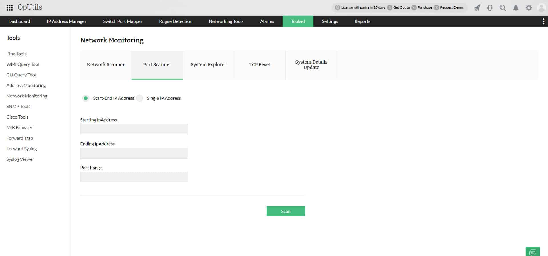 OpUtils header with Port Scanner form showing IP range and scan button
