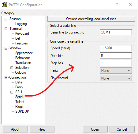 Putty serial config