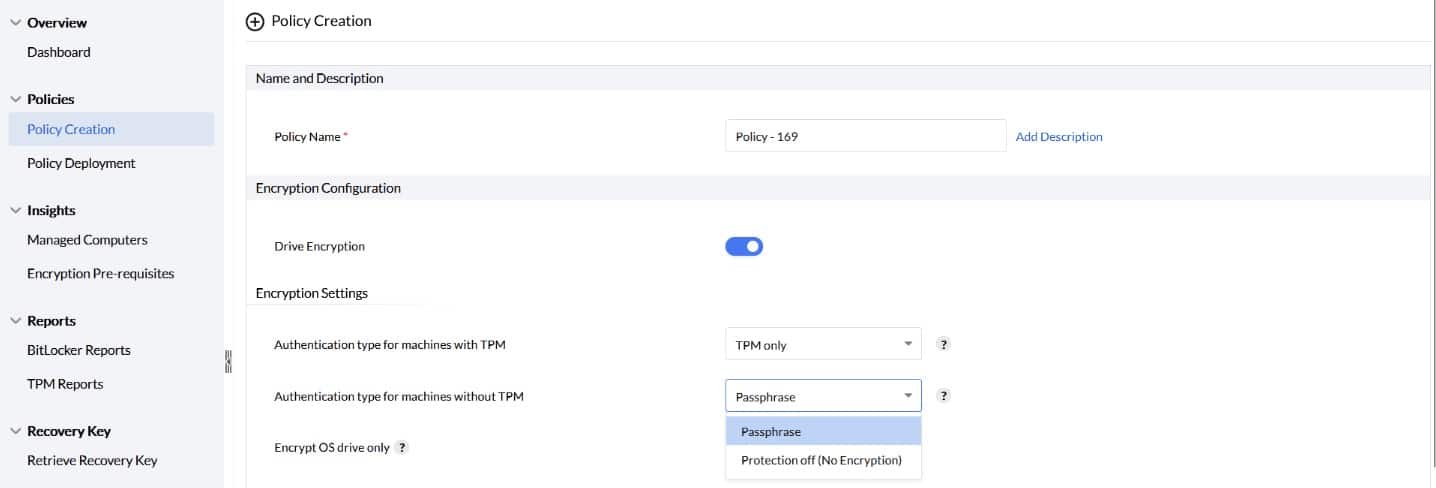 ManageEngine Endpoint Central BitLocker Policy Management