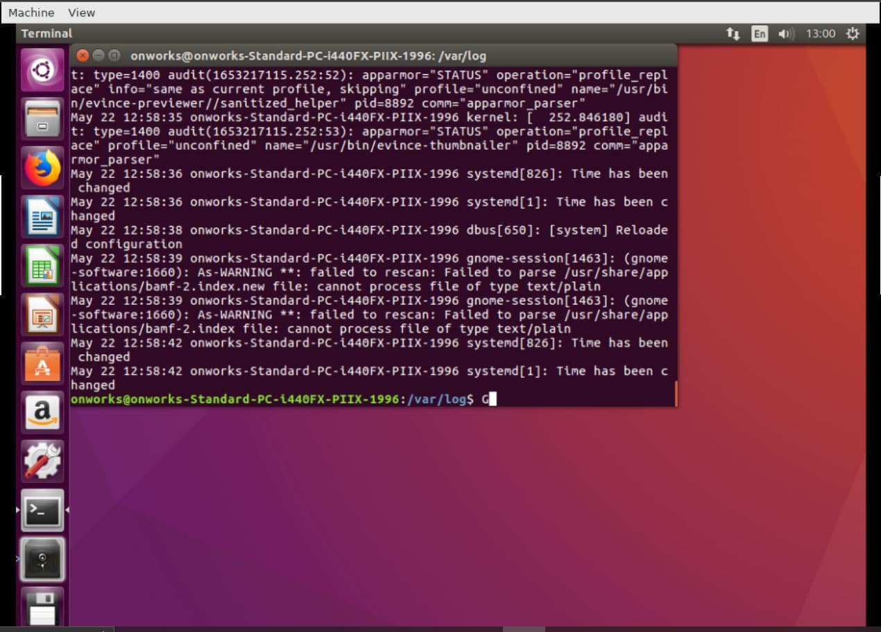 Ubuntu log files listed sudo cat syslog shift G