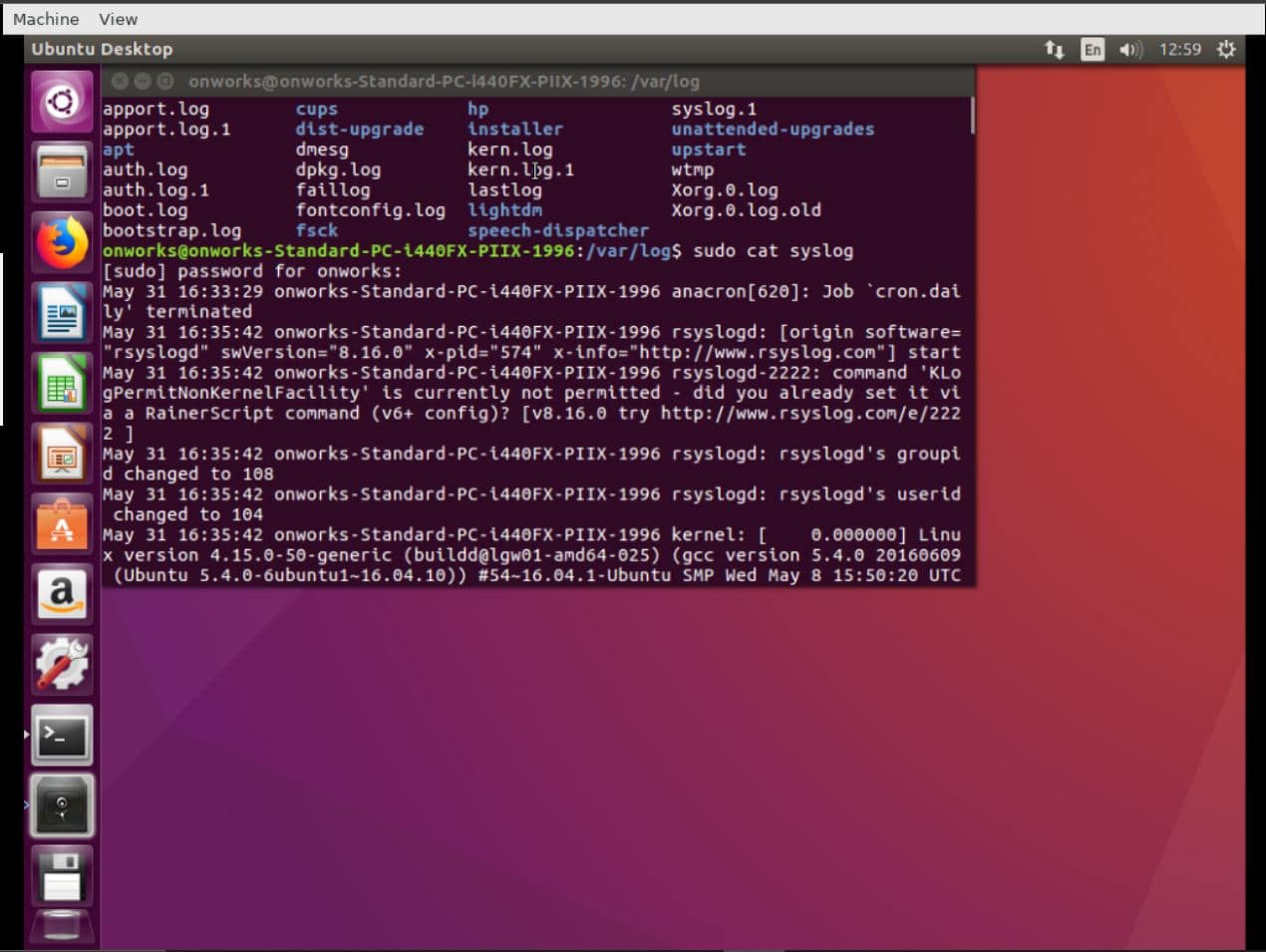 Ubuntu log files listed sudo cat syslog
