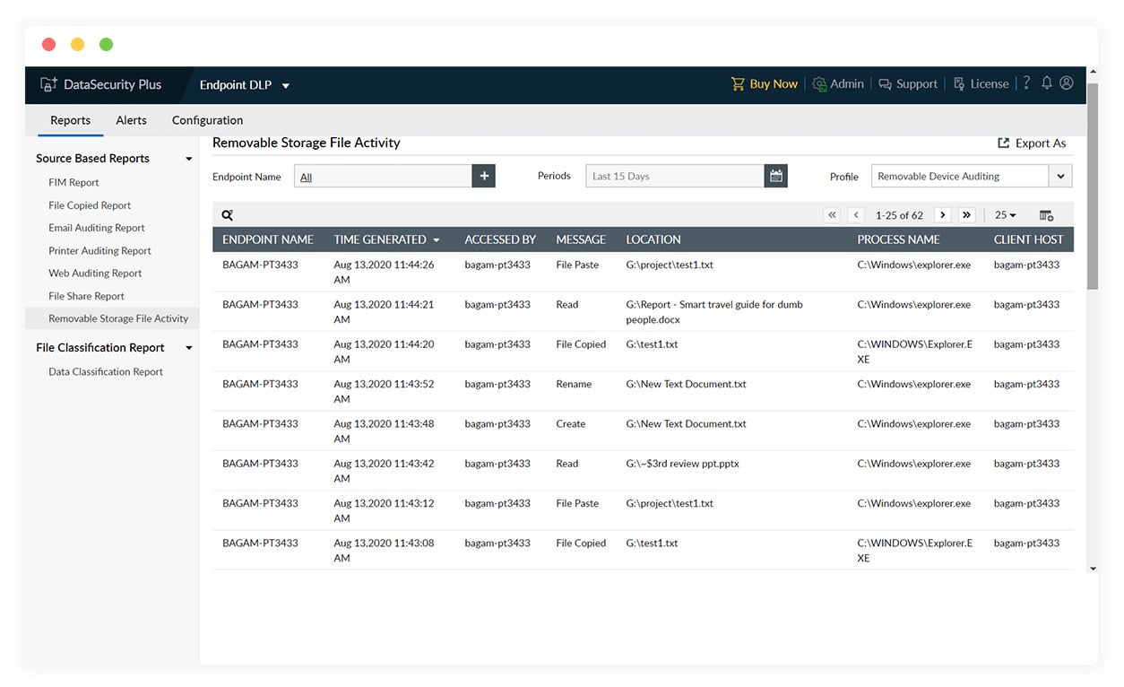 DataSecurity Plus removable storage file activity report listing endpoint file operations and locations